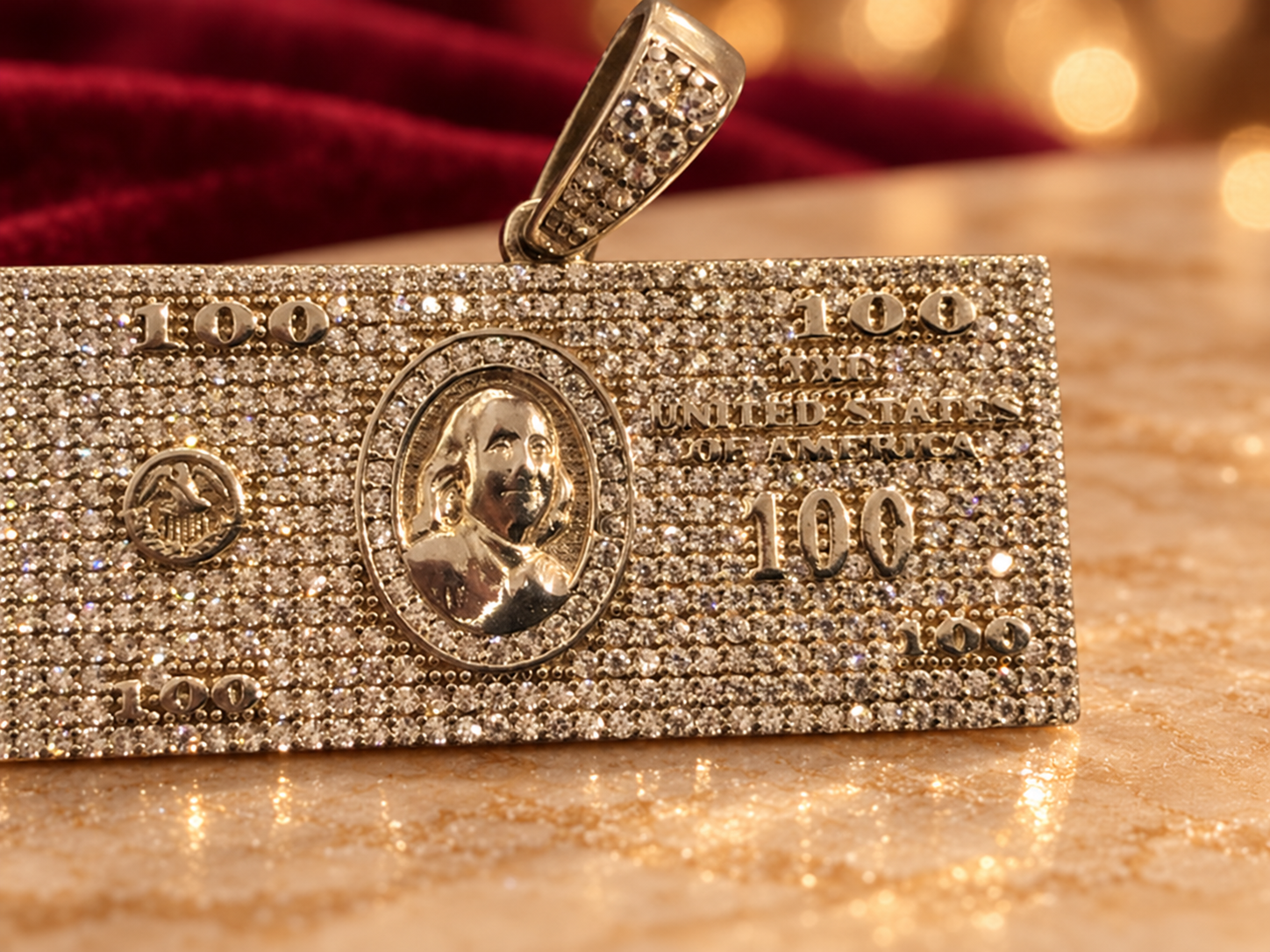 Banknote-Motif Rectangular Pendant, Rochel Jewelry collection photograph
