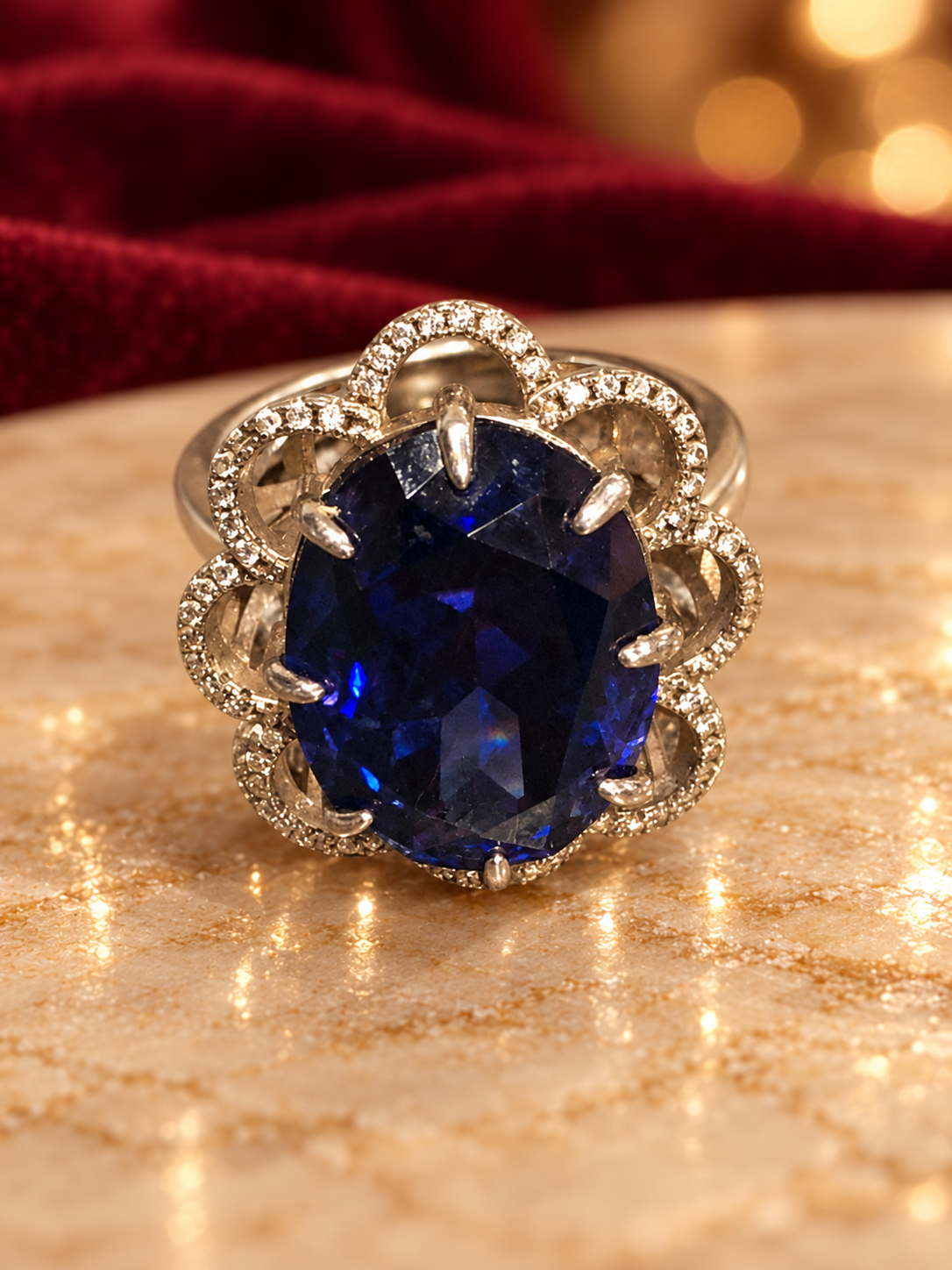 Deep Blue Oval Accent Ring